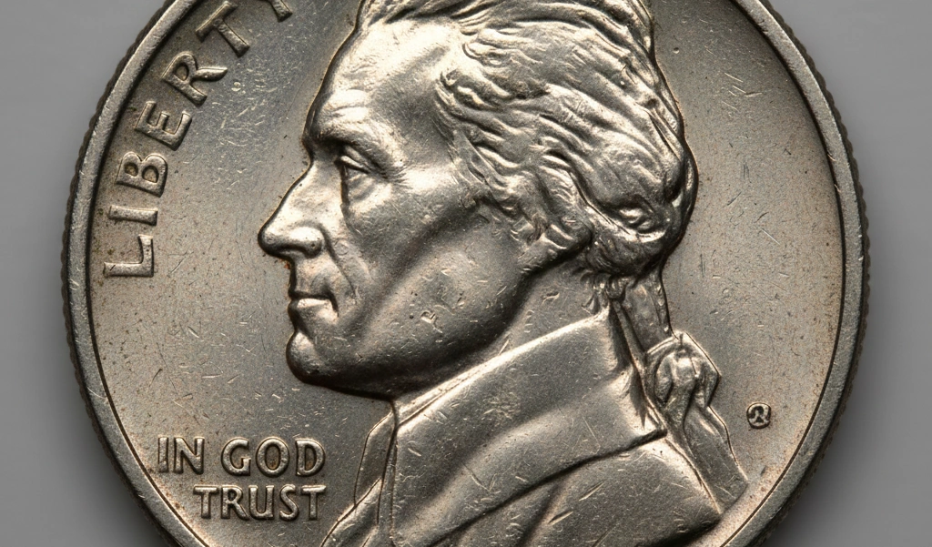 2004 US nickel close-up, Jefferson portrait visible