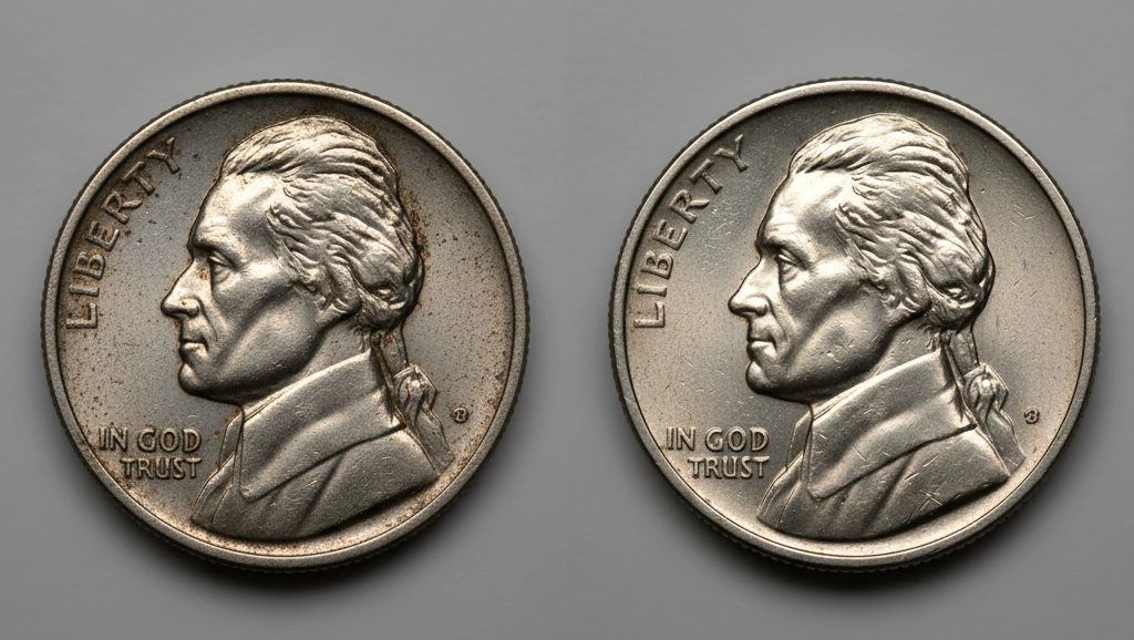 Comparison image: worn vs mint condition 2004 nickel