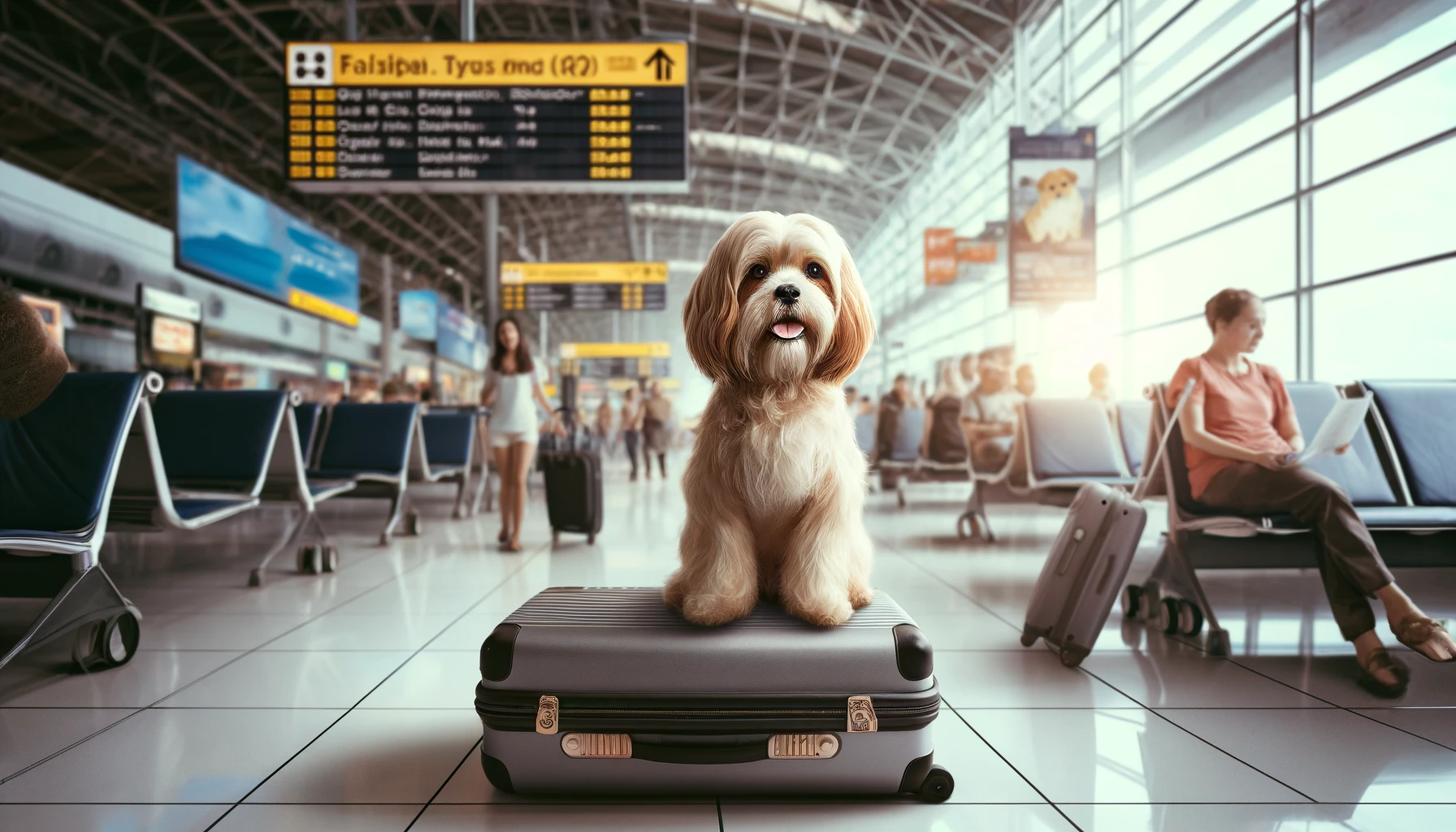 a cute dog sitting on a suitcase at an airport