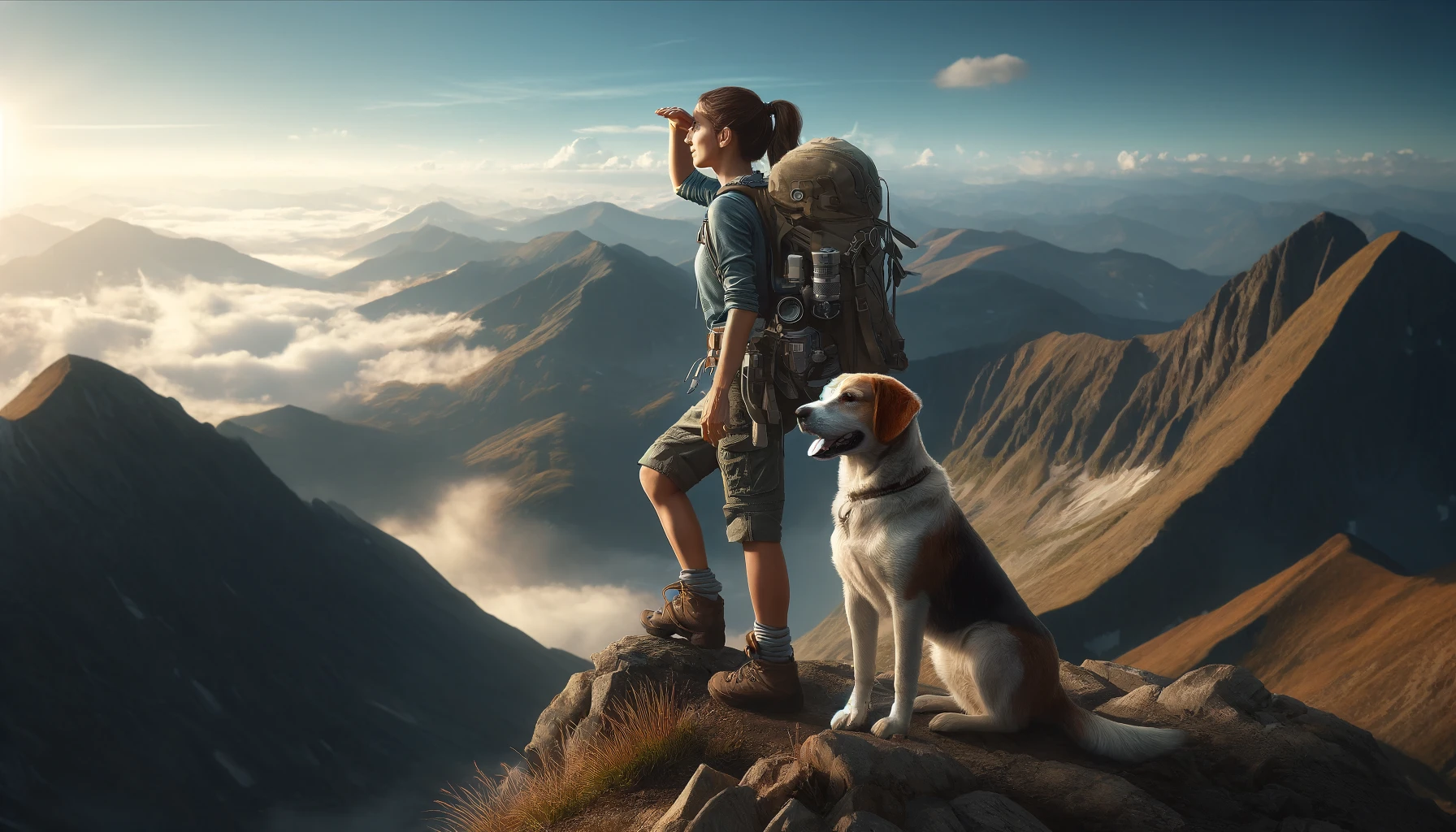 woman hiker with her dog on a mountain peak