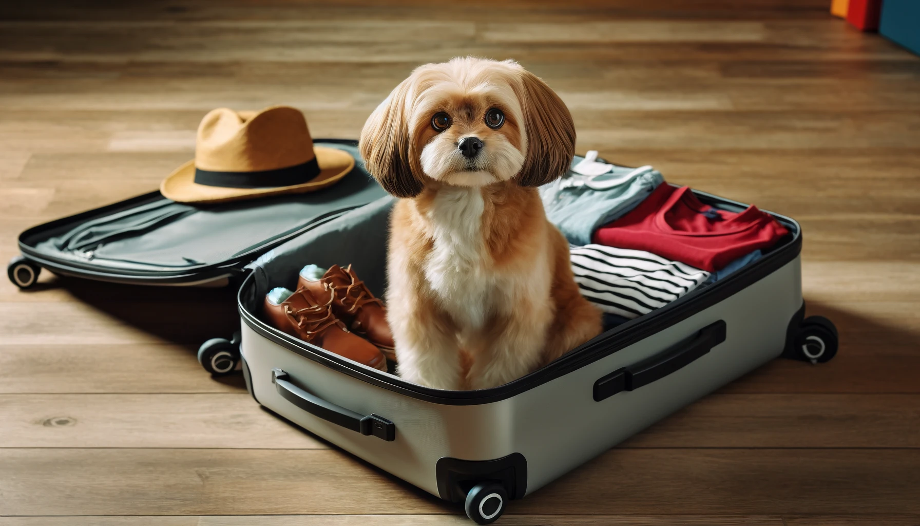 a cute dog inside of an open suitcase
