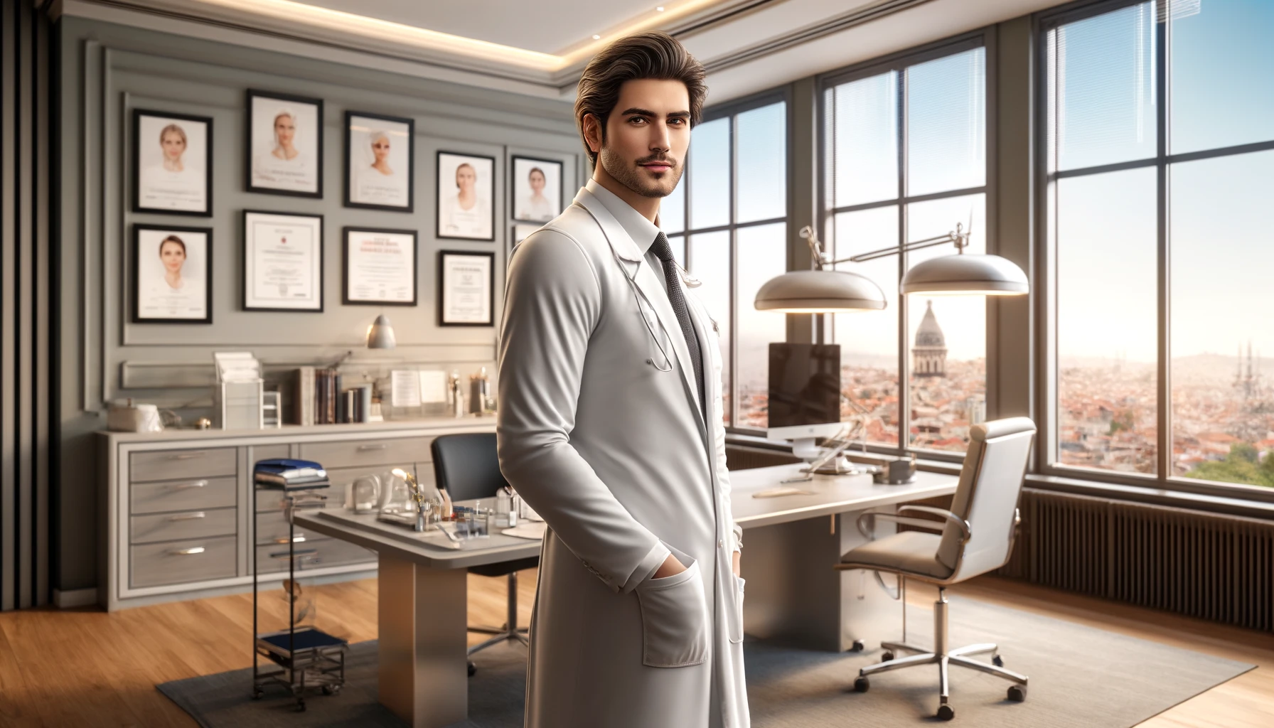 handsome man plastic surgery doctor in Istanbul, standing confidently in his modern, well-equipped office