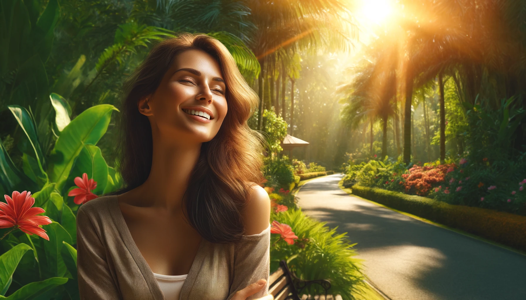 beautiful happy woman enjoying the warm sunlight in a tropical public park