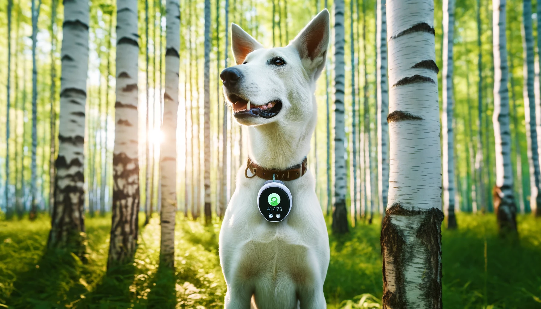 a white dog with a location tracking device on its collar, set in a birch forest