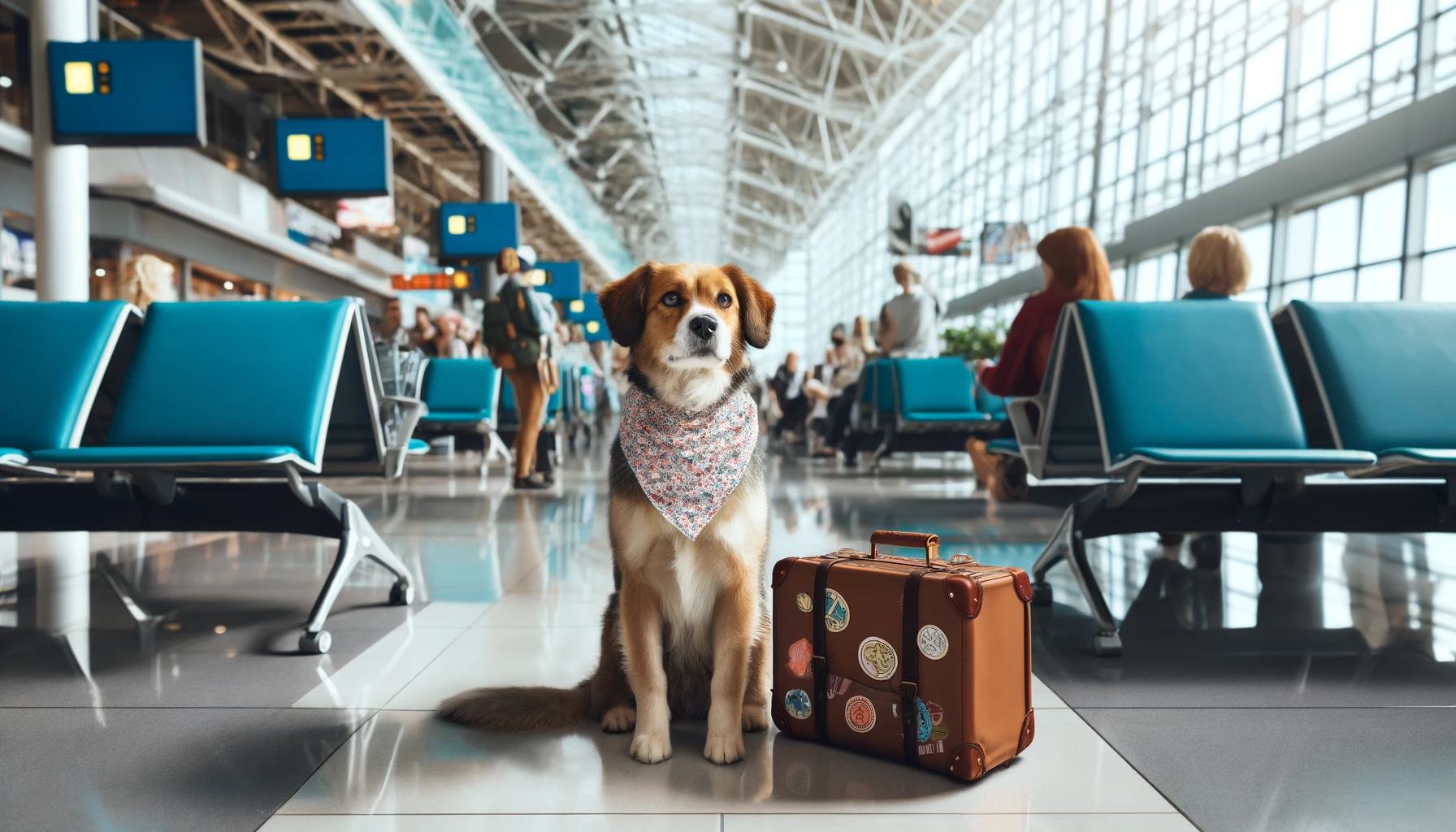 a dog in an airport terminal, depicting the concept of a pet on vacation