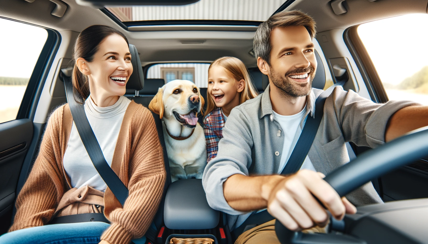 The whole family is driving for the weekend. Mom and Dad with their daughter and a Labrador dog are sitting in the car.