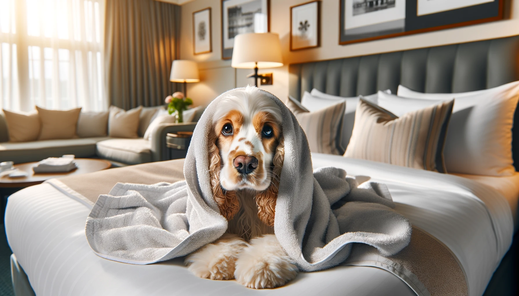a cute English Cocker Spaniel covered with a towel, lying on a bed in a pet-friendly hotel