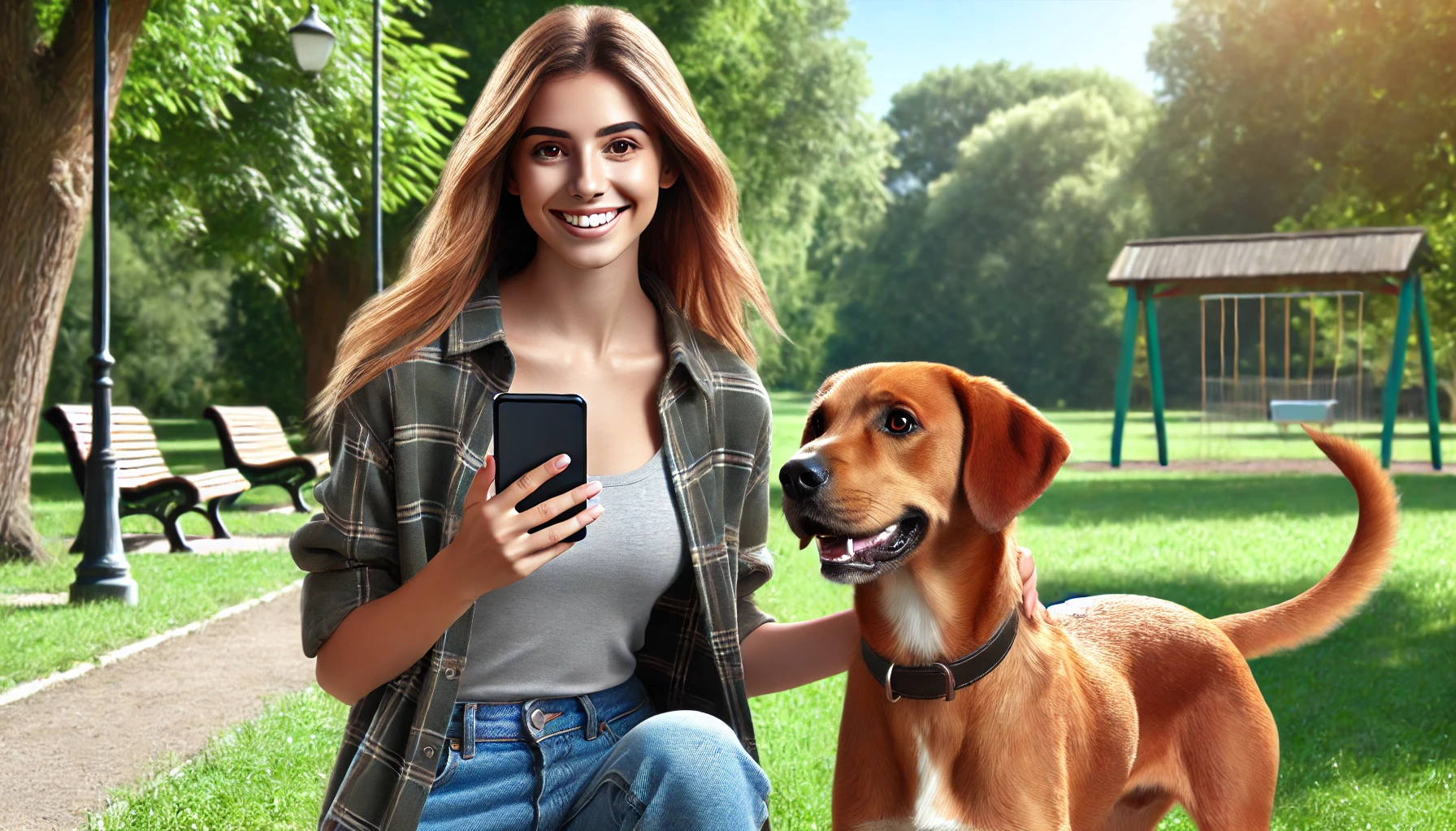 A smiling pet owner holds her phone while standing next to her attentive dog in a bright and sunny park.