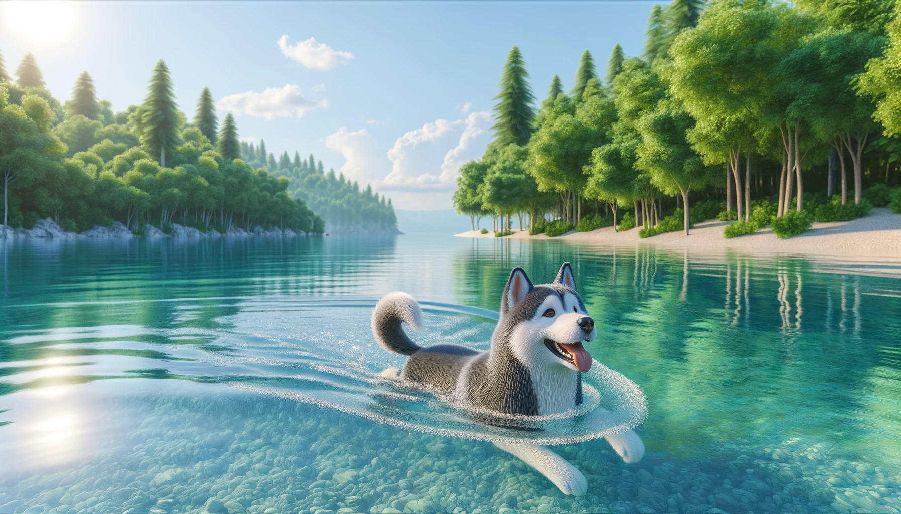 a Siberian Husky swimming in a clear blue lake surrounded by lush green trees.