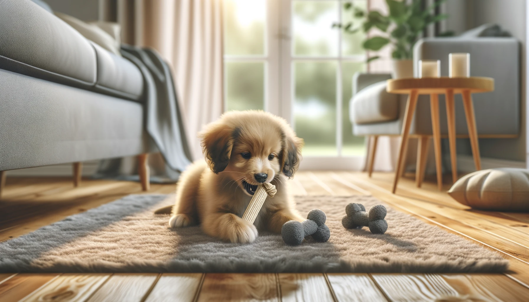 a puppy playing with a chew toy on a cozy indoor rug.
