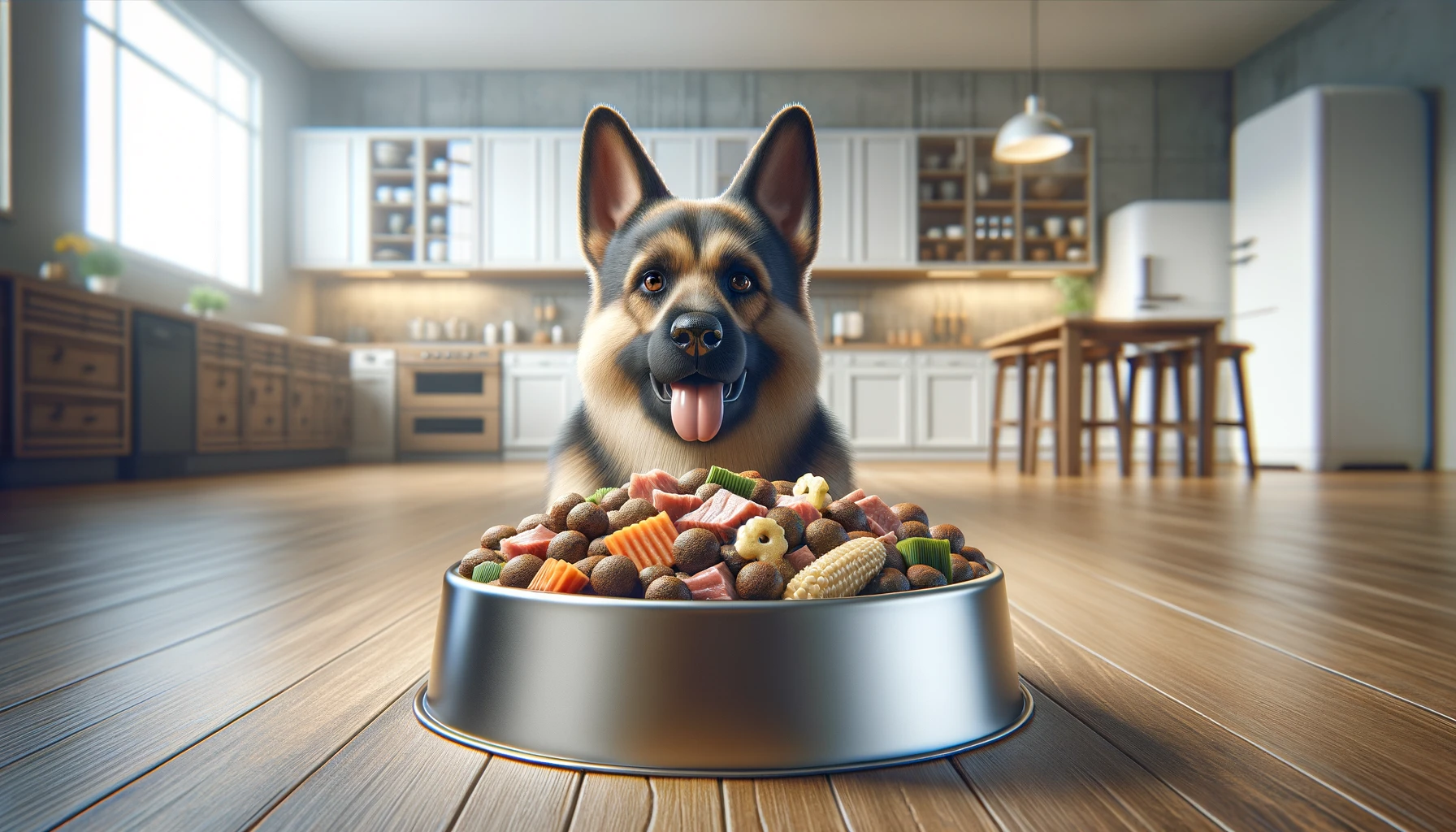 a bowl of high-quality dog food specifically formulated for a German Shepherd.