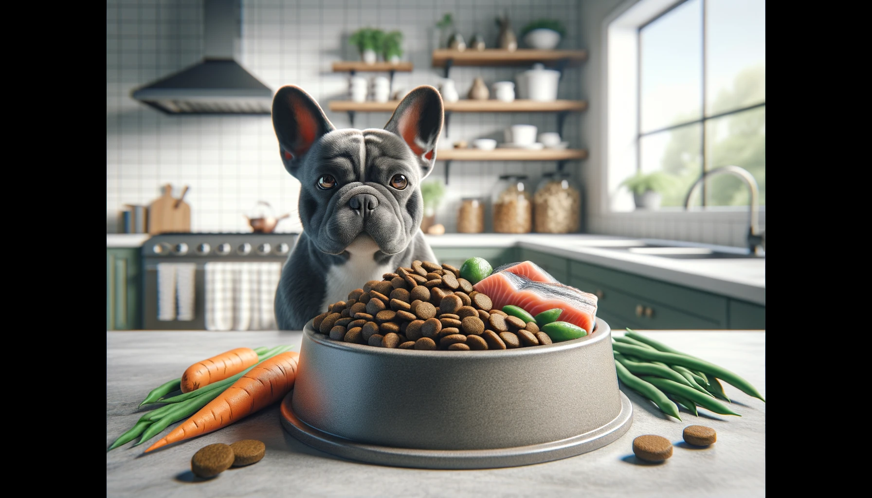 a balanced meal for a French Bulldog, featuring a bowl of dog food with a mix of kibble and fresh ingredients like fish, sweet potatoes, and green beans.