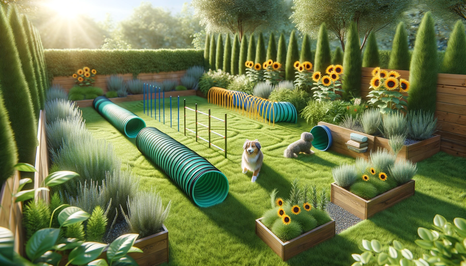 a dog-friendly garden featuring an agility play area with tunnels and weave poles, surrounded by lush green grass and dog-safe plants like sunflowers and rosemary.