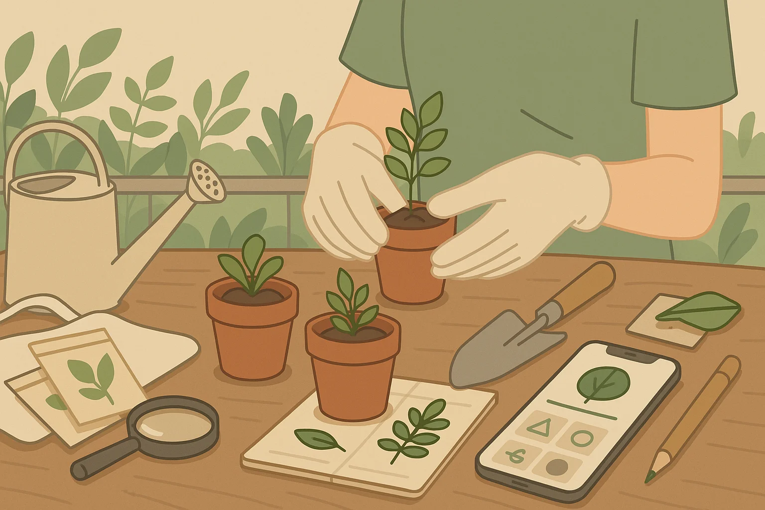 A beginner repots herbs using digital guides.