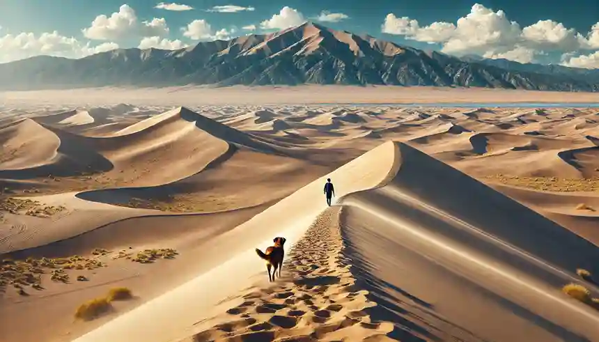 High Dune Trail, Great Sand Dunes National Park, Colorado - This image features a dog and its owner hiking up large sand dunes with the Sangre de Cristo mountains in the background, highlighting the unique sandy terrain.