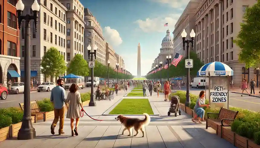 The historic streets of Washington D.C., focusing on pet-friendly features near the National Mall.