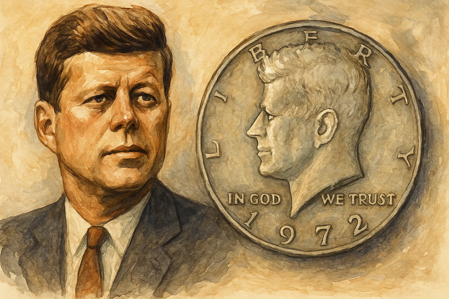 A portrait of John Kennedy and a 1972 dollar.