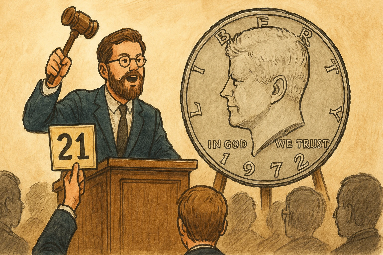 A numismatist at the auction selling a 1972 Kennedy half-dollar.