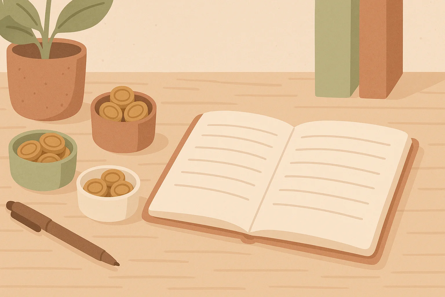 A still life with sorted coins, a notebook, and a pen.