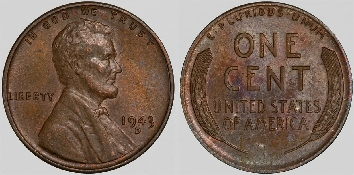obverse and reverse of the 1943-D Lincoln Cent